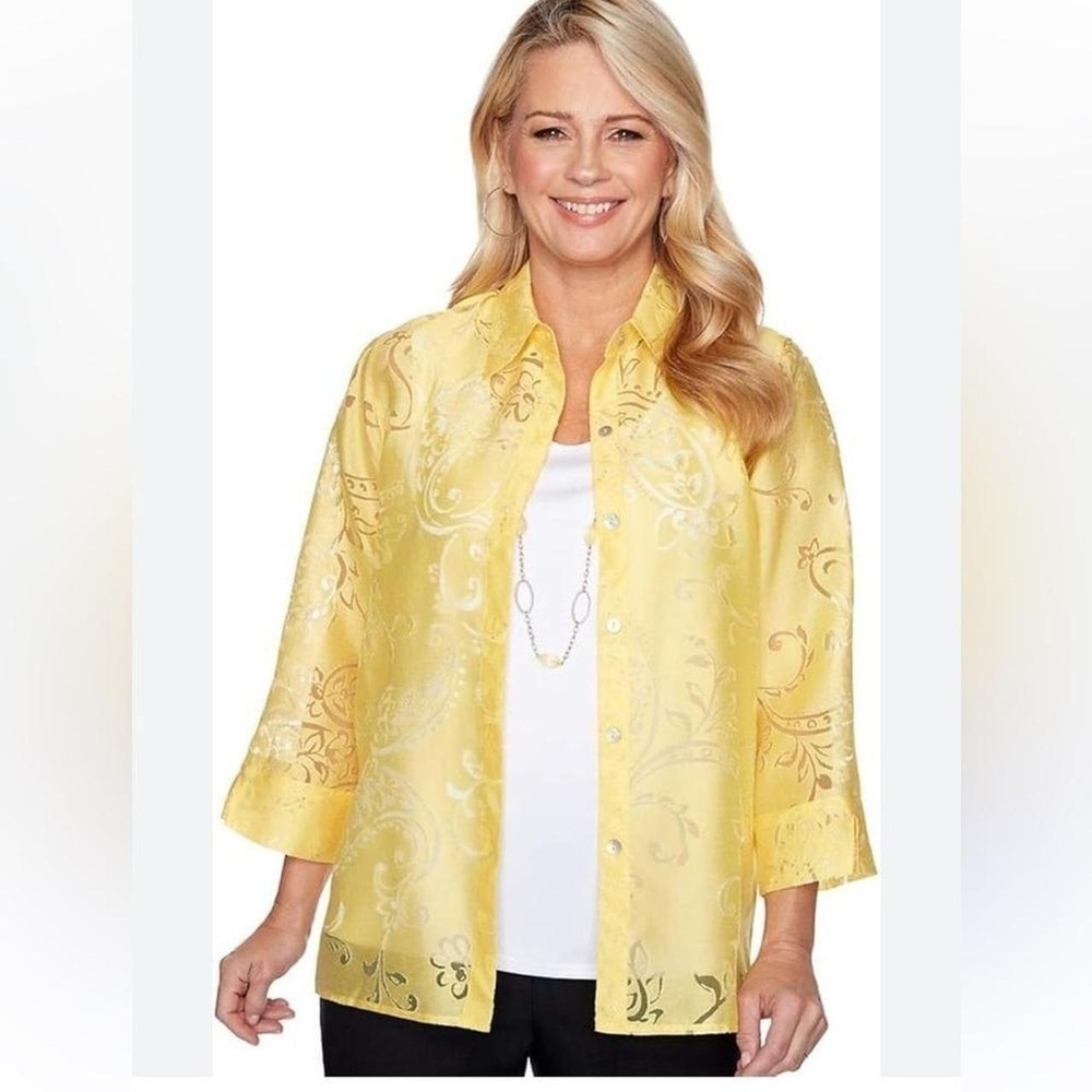 Alfred Dunner Yellow Butterfly Floral Burnout 3/4 Sleeve Button Front Blouse 12
